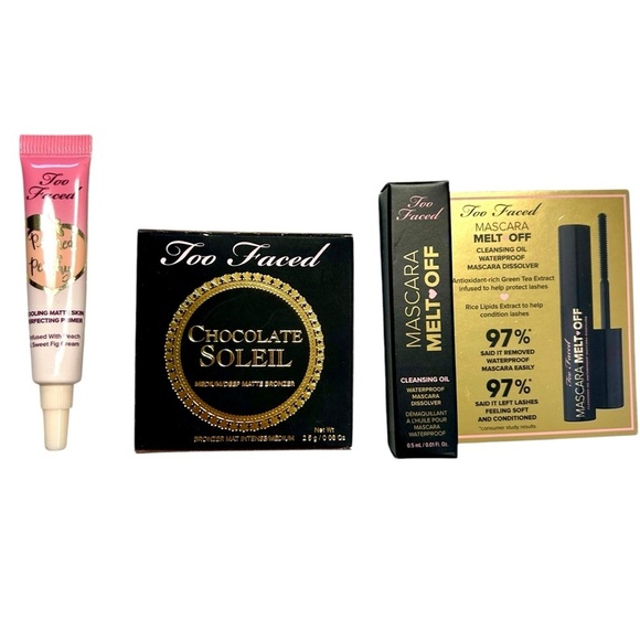 TWO FACED Primed And Peachy Primer Mascara Melt Off Chocolate Soleil Bronzer - Picture 1 of 2